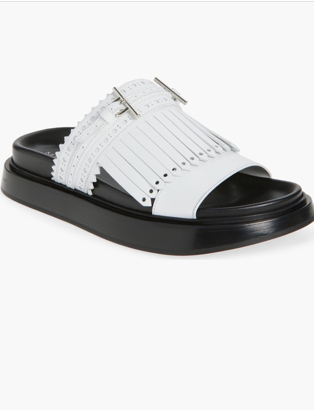 Alexander McQueen Kiltie White Fringe Slide Sandal With Silver Buckle Detail